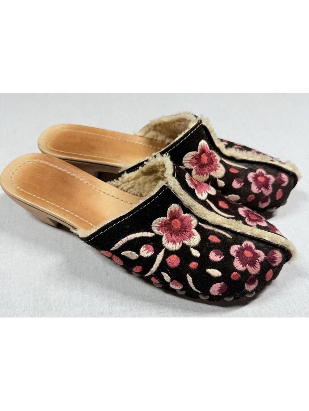 Car Shoe Clog Women Sz 39 8.5-9 Black Shearling Mules Embroidered Italy Boho